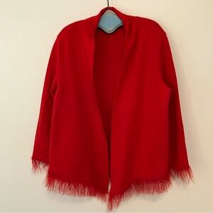 Escada Sz 42 US L Red Open Cardigan Coat Sweater Cashmere Wool Silk Jacket Fur